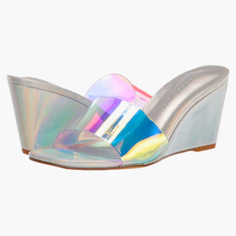 Madden Girl Rayne L Iridescent Wedge Sandal Shoe size 9.5 silver heel 3.5 inch